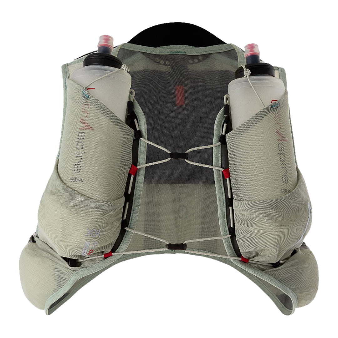 UltraAspire-big-bronco-race-vest-unisex-5L-front-view with two hydration flasks -Red-Dot-Running-Company